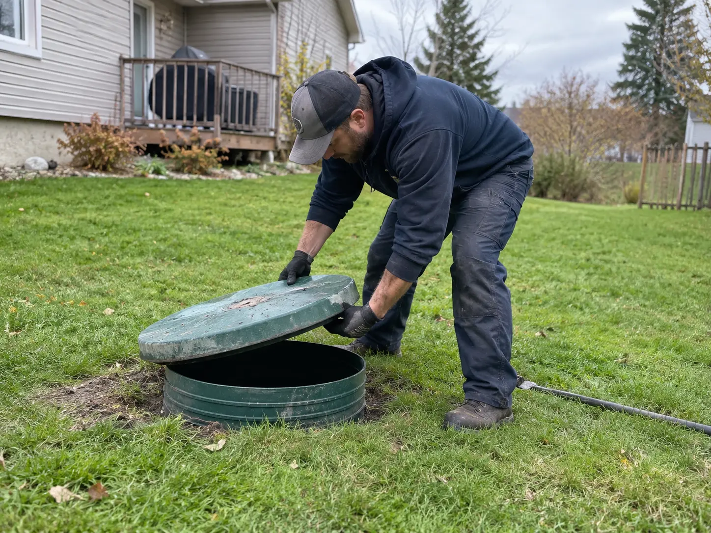 Septic technician checking a residential septic tank access in a grassy Ontario backyard