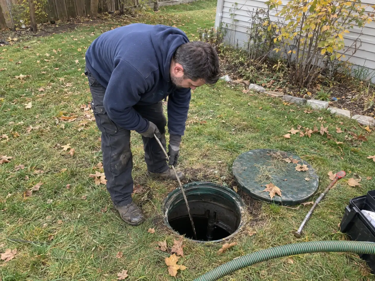 Technician inspecting the open access riser of a residential septic tank during troubleshooting