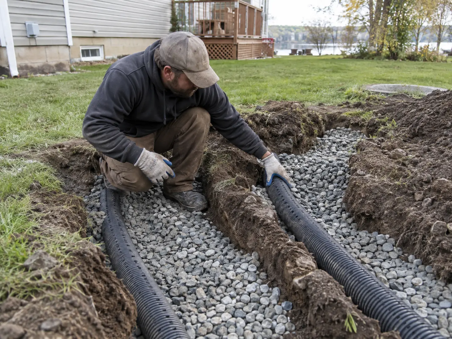 Septic technician replacing a damaged tank baffle near an open septic access riser in Innisfil