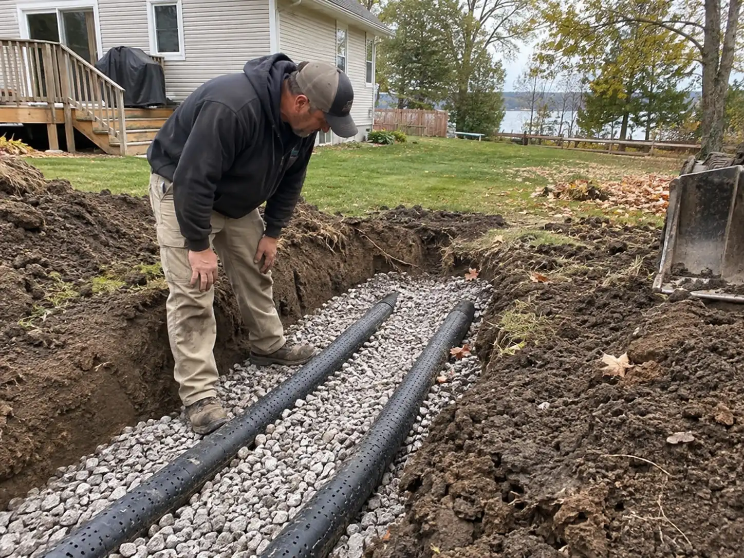 Septic technician inspecting drainage pipes in an excavated residential weeping bed in Innisfil