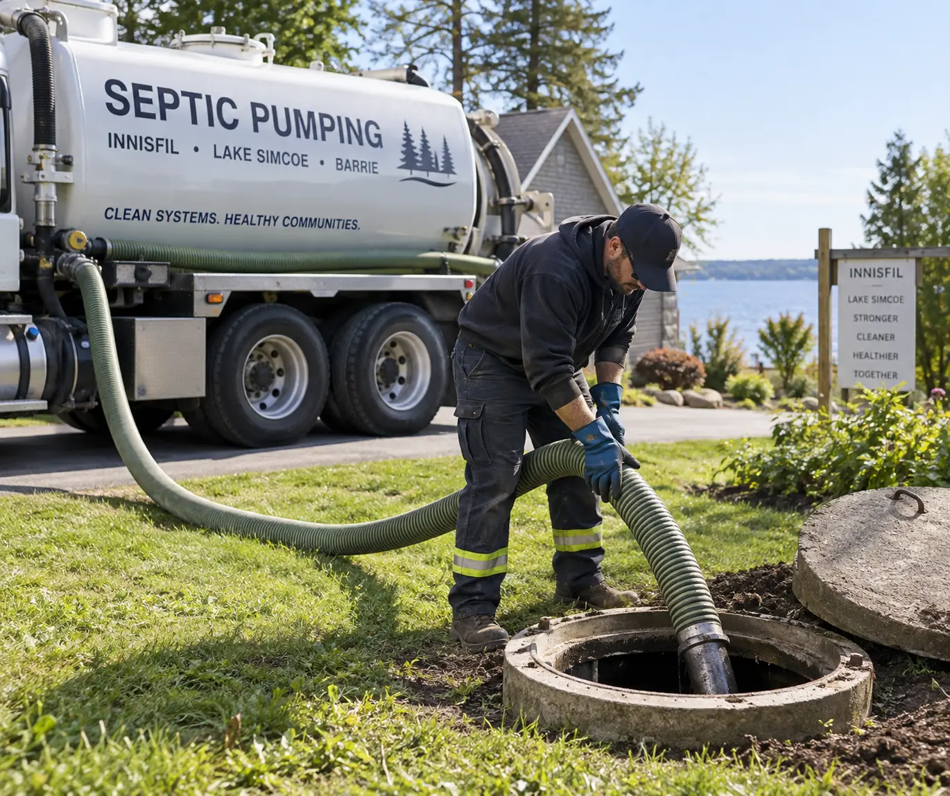 Septic pumping technician using a vacuum truck hose at a residential septic tank in Innisfil