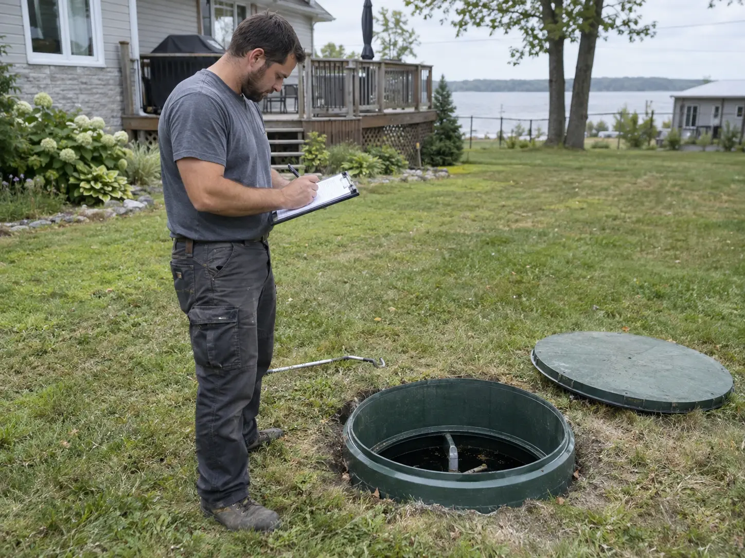 Septic service technician checking an open residential septic tank and recording inspection details in Innisfil
